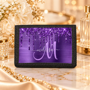 Girly Purple Dripping Glitter Brush Metal Monogram Tri-fold Wallet
