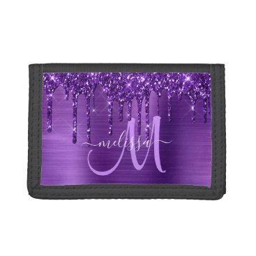 Girly Purple Dripping Glitter Brush Metal Monogram Trifold Wallet