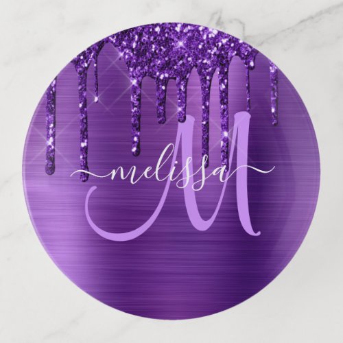 Girly Purple Dripping Glitter Brush Metal Monogram Trinket Tray