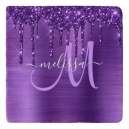 Girly Purple Dripping Glitter Brush Metal Monogram Trivet