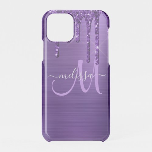 Girly Purple Dripping Glitter Brush Metal Monogram iPhone 11 Pro Case