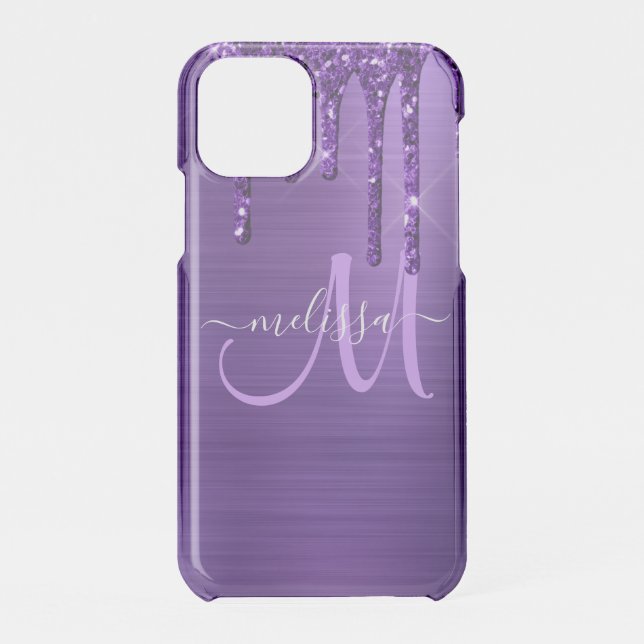 Girly Purple Dripping Glitter Brush Metal Monogram Uncommon iPhone Case (Back)