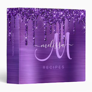 Girly Purple Dripping Glitter Brush Metal Recipe 3 Ring Binder