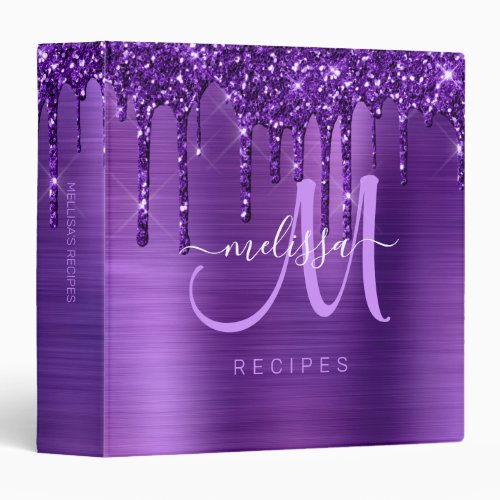 Girly Purple Dripping Glitter Brush Metal Recipe 3 Ring Binder