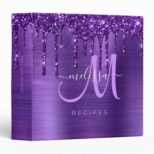 Girly Purple Dripping Glitter Brush Metal Recipe 3 Ring Binder (Front/Spine)