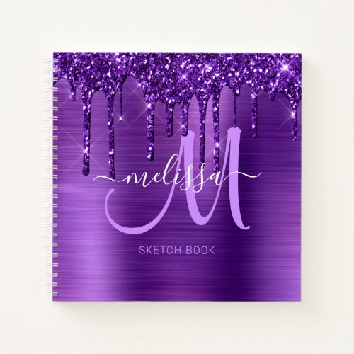 Girly Purple Dripping Glitter Brush Metal Sketch Notebook