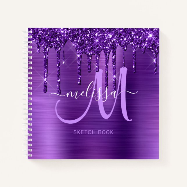 Girly Purple Dripping Glitter Brush Metal Sketch Notebook (Front)