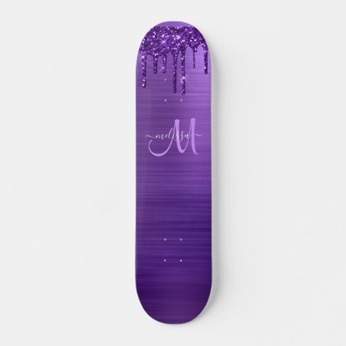 Girly Purple Dripping Glitter Monogram Name Skateboard