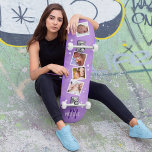 Girly Purple Family Photo Collage Skateboard<br><div class="desc">The skateboard is the perfect gift for the trendy and family-oriented women of today. Aesthetically, it is designed to be eye-catching and appealing to girly tastes – featuring a smooth and vibrant purple textured background, surrounded by white stars and personalized with four family photos and an initial and name of...</div>