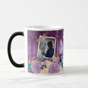 Girly Purple Floral Faux Sparkly Two Photo Name Color Morph Mug
