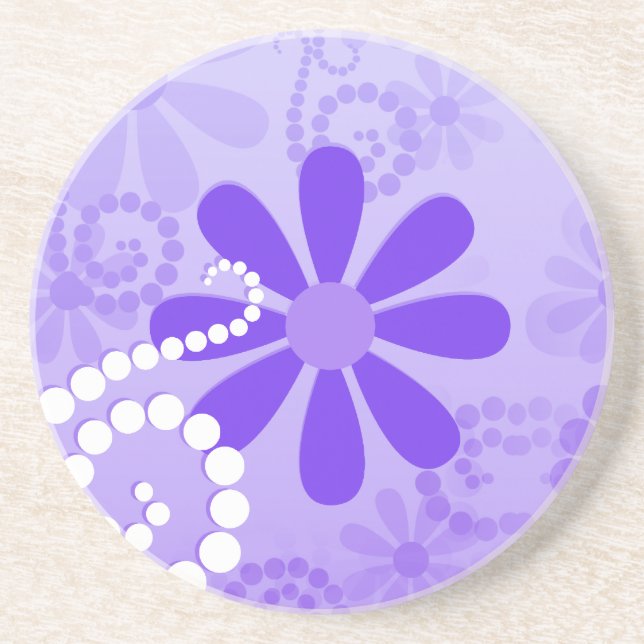 Girly Purple Floral Retro Flowers Sandstone Coaster (Front)