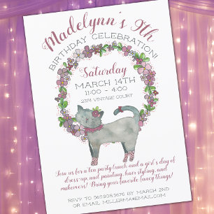 Girly Purple Flowers with Cute Cat Birthday Invitation