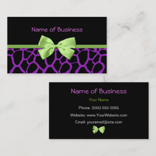 Girly Purple Giraffe Print With Cute Green Ribbon Business Card