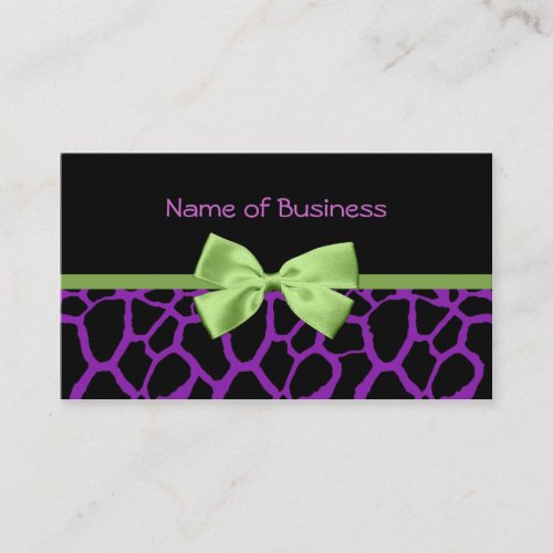 Trendy Purple Giraffe Print With Green Ribbon Business Card Template