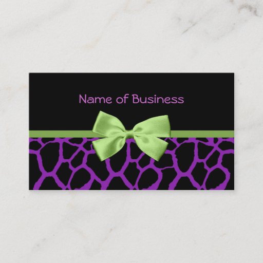 Customizable Trendy Purple Giraffe Print With Green Ribbon Business Card Template