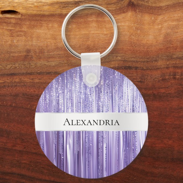 Girly Purple Glam Glitzy Tinsel Stripes  Keychain (Front)
