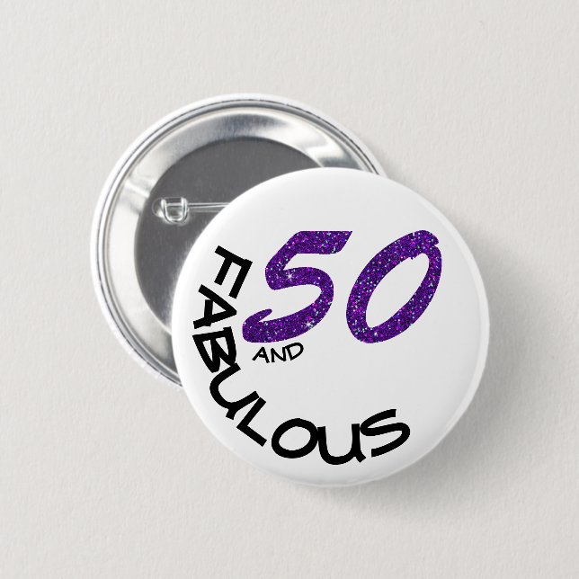 Girly Purple Glitter 50 Fabulous Birthday Pinback Button (Front & Back)