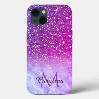 Girly Purple Glitter And Marble  Personalized Iphone 13 Case by CoolestPhoneCases at Zazzle