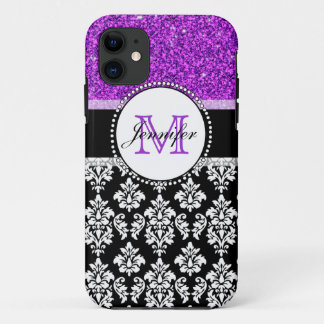 Girly Purple Glitter Black Damask Personalized iPhone 11 Case