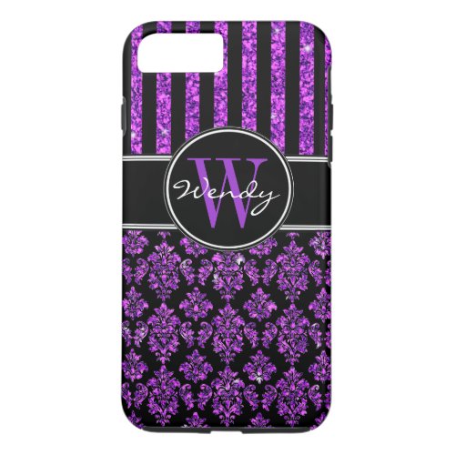 Girly Purple Glitter Black Damask Your Name iPhone 8 Plus7 Plus Case