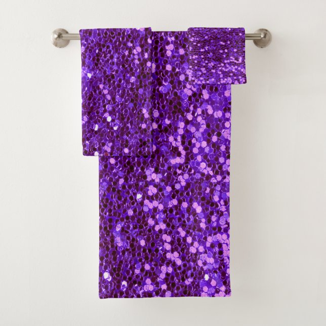 Girly Purple Glitter Bling Glam Modern Bath Towel Set (Insitu)