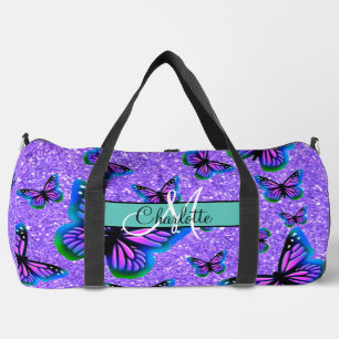 Girly purple glitter butterflies monogram duffle bag
