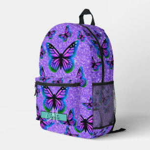Girly purple glitter butterflies monogram printed backpack