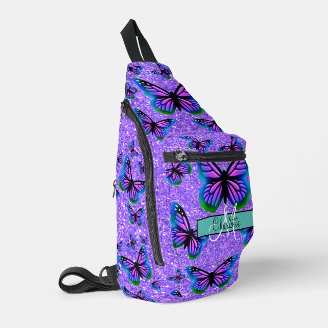 Girly purple glitter butterflies monogram sling bag (Left Corner)