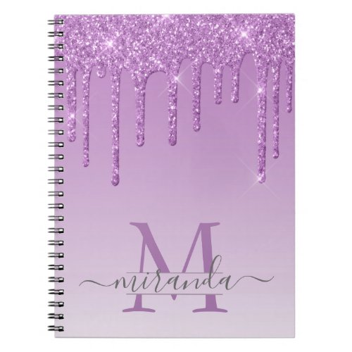 Girly Purple Glitter Drips Ombre Monogram Notebook