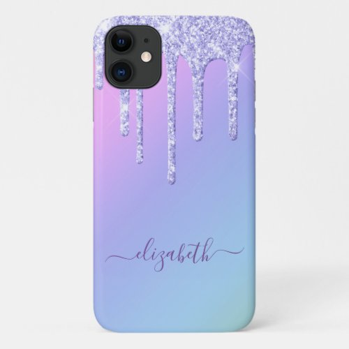 Girly Purple Glitter Drips Personalized Rainbow iPhone 11 Case