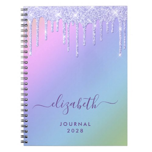 Girly Purple Glitter Drips Personalized Rainbow Notebook