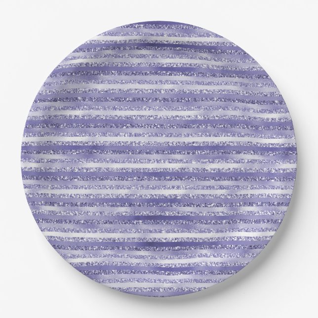 Girly Purple Glitter Glam Stripes Paper Plates (Front)