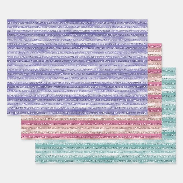 Girly Purple Glitter Glam Stripes Wrapping Paper Sheets (Set)