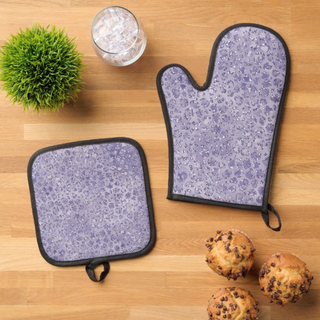 Girly Purple Glitter Glitz Leopard print Oven Mitt & Pot Holder Set (Top Down)
