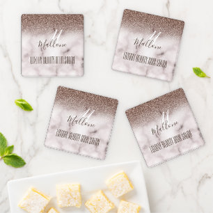 Girly Purple Glitter Marble Monogram Hair Salon Coaster Set