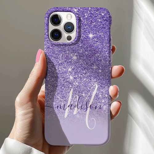 Girly Purple Glitter Monogram Name iPhone 12 Case