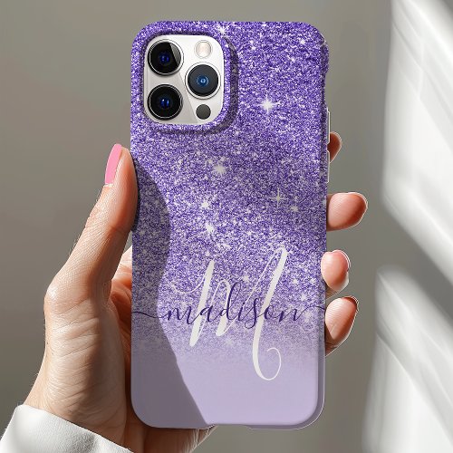 Girly Purple Glitter Monogram Name Iphone 12 Case