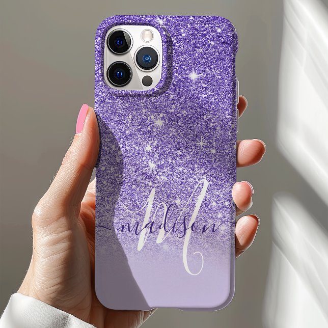 Girly Purple Glitter Monogram Name Case-Mate iPhone Case (Creator Uploaded)