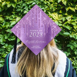 Girly Purple Glitter Personalized Graduation Cap Topper<br><div class="desc">Girly personalized grad cap topper with faux purple glitter drips against a purple faux metallic foil background. Customize with your class year,  name and school in modern white typography and script.</div>