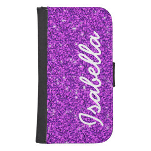 GIRLY PURPLE GLITTER PRINTED PERSONALIZED SAMSUNG S4 WALLET CASE