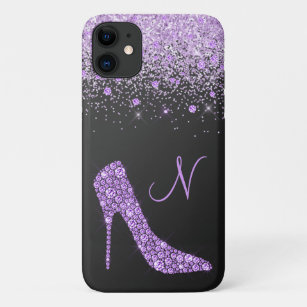 Girly Purple Glitter Shoe Script Monogram Black iPhone 11 Case