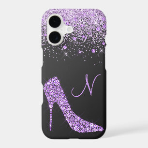 Girly Purple Glitter Shoe Script Monogram Black iPhone 17 Case