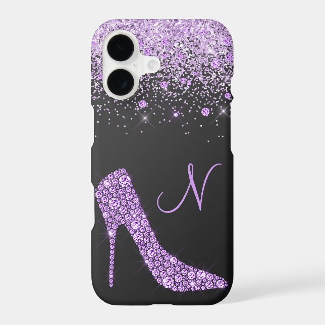 Girly Purple Glitter Shoe Script Monogram Black Iphone Case (Back)