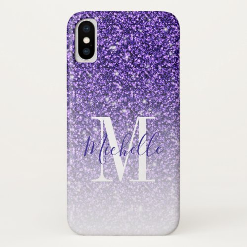 Girly Purple Glitter Sparkles Monogram Script Name iPhone X Case