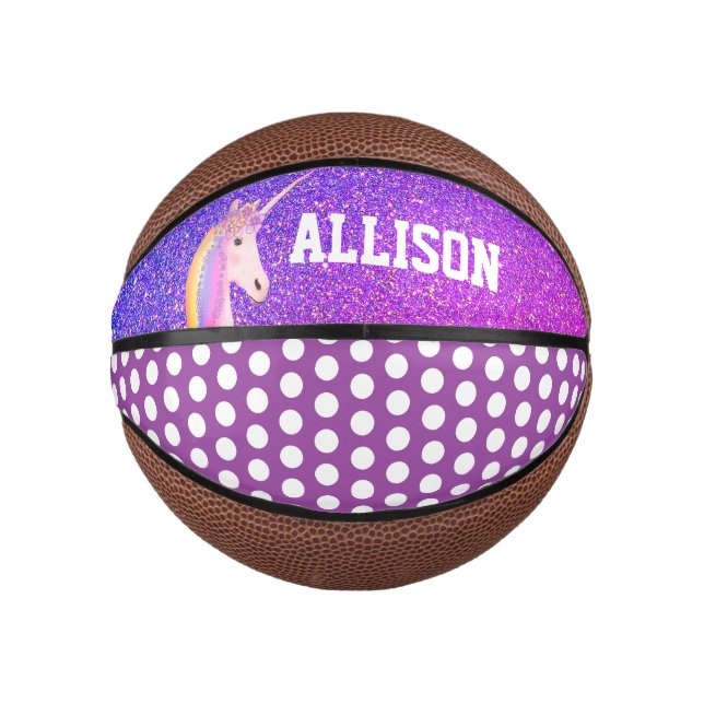 Girly Purple Glitter Unicorn Kids Personalized Mini Basketball (Front)