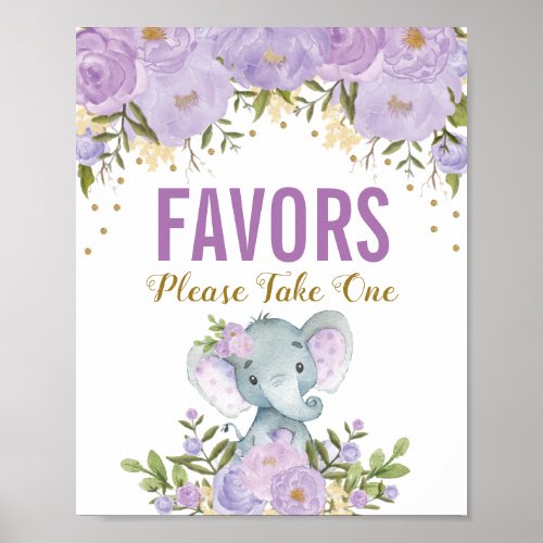 Girly Purple Gold Floral Elephant Favors Sign