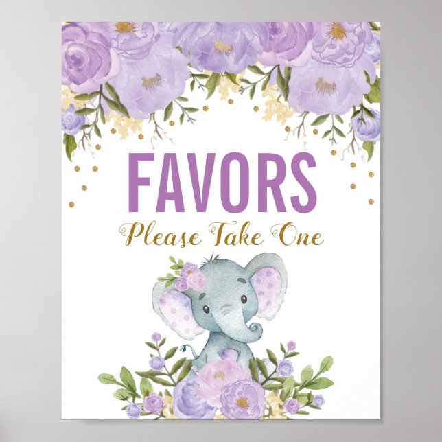 Girly Purple Gold Floral Elephant Favors Sign (Front)