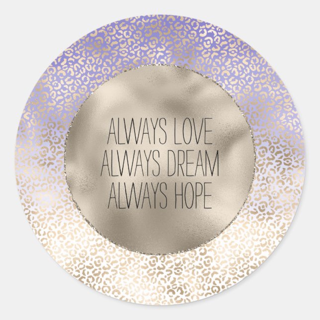 Girly Purple Gold Ombre Leopard Print Classic Round Sticker (Front)