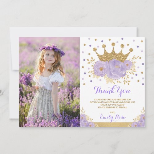 Girly Purple Gold Princess Crown Birthday Photo Thank You Card