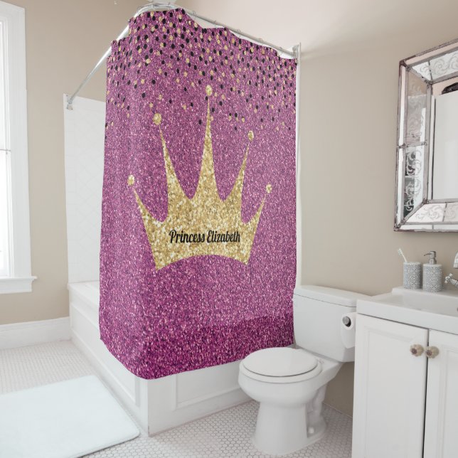 Girly Purple Gold Princess Crown Glitter Sparkly Shower Curtain (In Situ)